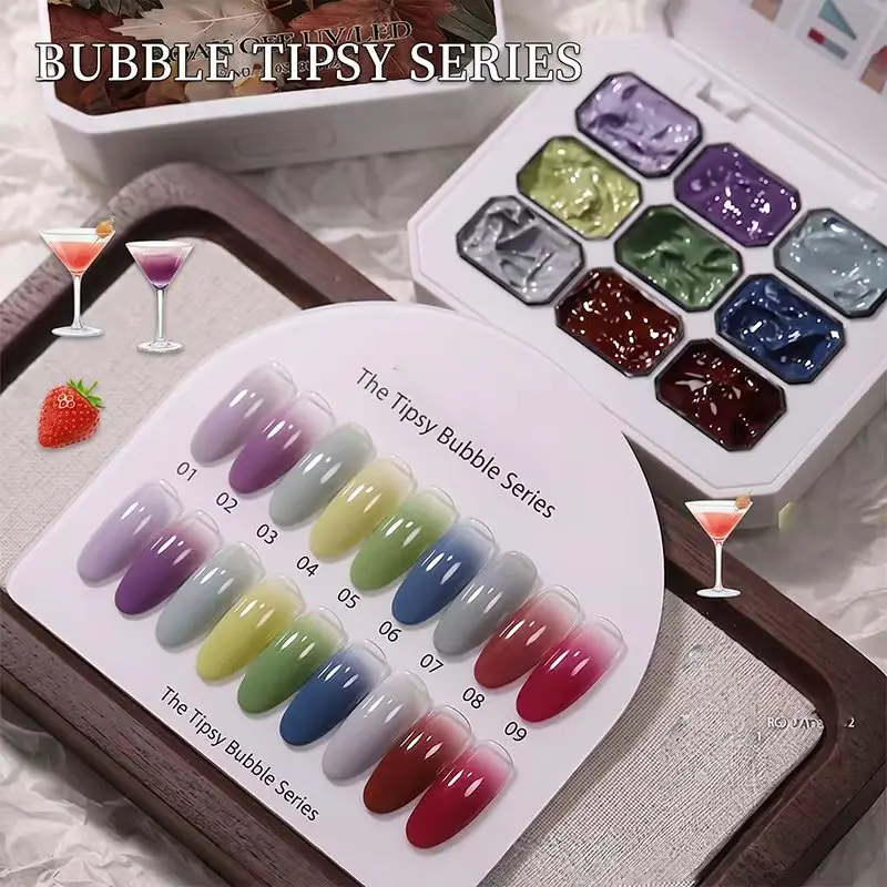 Esmalte de gel sólido con burbujas de 9 colores, gel UV para uñas, arte de uñas con efecto degradado DIY, adecuado para principiantes en el arte de uñas en casa.