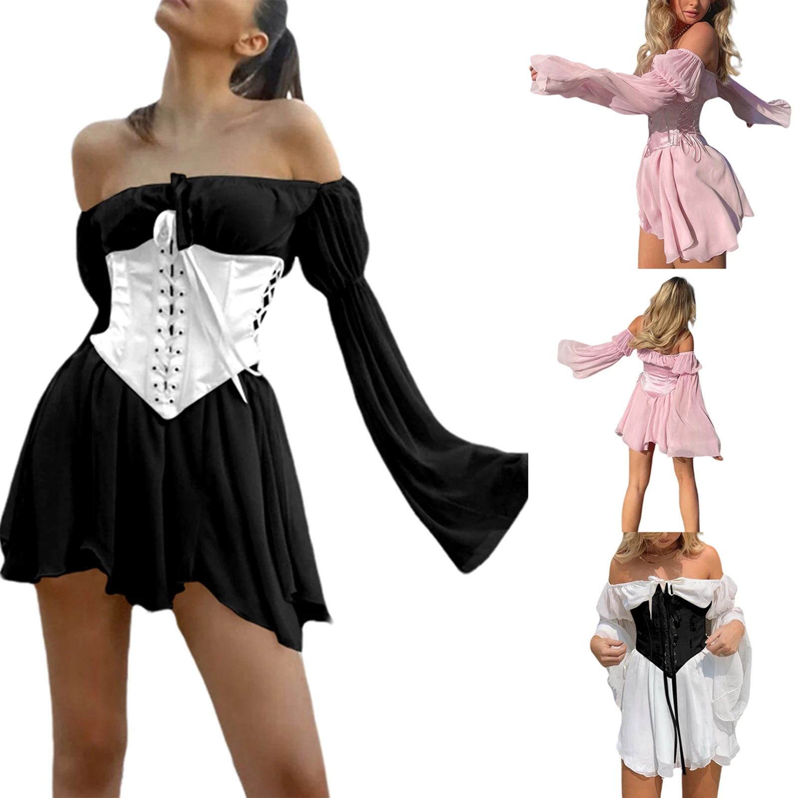 Women's Chiffon Tunic Mini Dresses Sexy Lace Up Low Cut Flare Long Sleeve Off Shoulder Mesh Yarn Boat Neck Loose Short Dresses 5