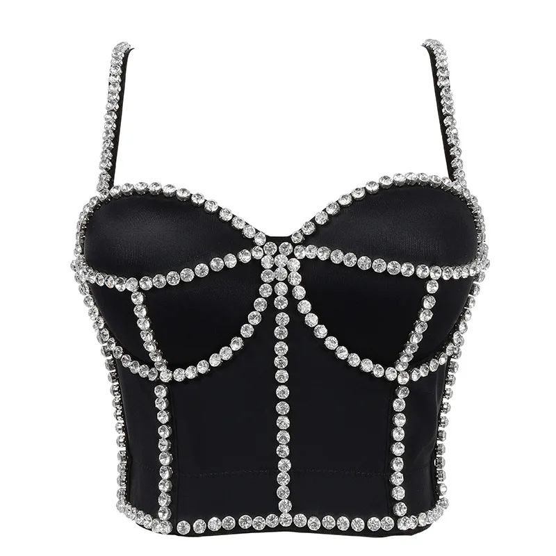 SeigurHry Women Sexy Short Camis Shiny Rhinestone Corset Tank Deep V Neck Beading Crop Top for Night Club Party Rave Outfit corset t shirt Tanks & Camis