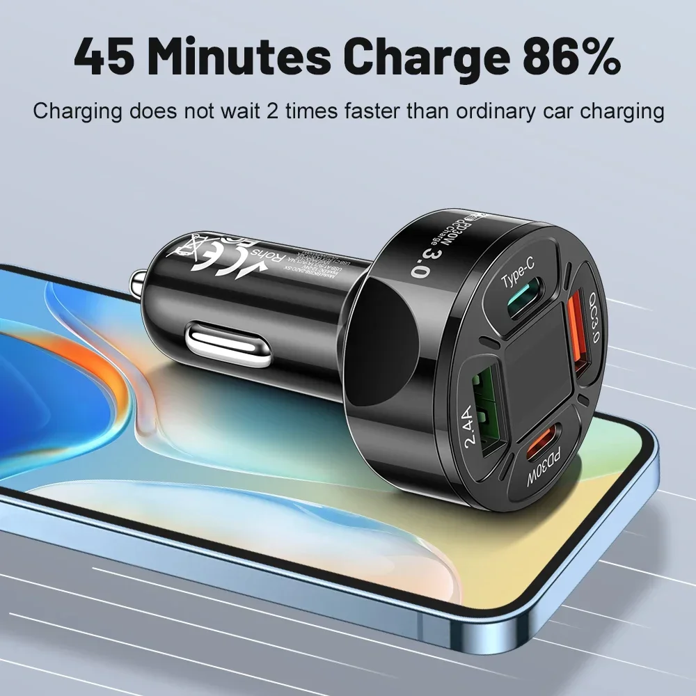 100W Car Charger USB C Phone Charger Super Fast Charging with Digital Display Quick Charging Adapter for IPhone Samsung Xiaomi