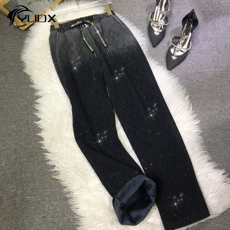 

YUDX Diamond Check Hot Drilling Straight Denim Pants Women Autumn Winter Drawstring Elastic High Waist Black Jean Thicken Fleece