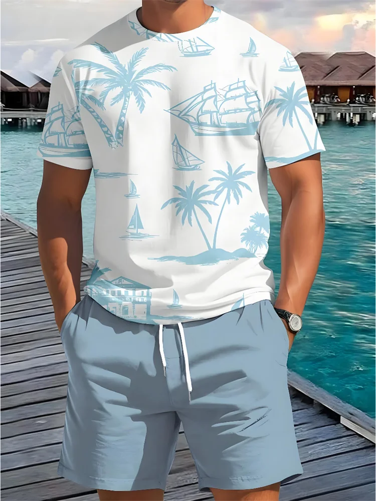 Shirt And Shorts Set Men Summer Hawaiian Printed Outdoor Sports
