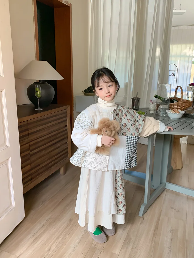 

Kids Clothes Girls Skirts Sets Autumn Winter Korean Baby Girls Thicken Cotton-padded Coat Or Retro Patchwork Skirt Two Piece Set