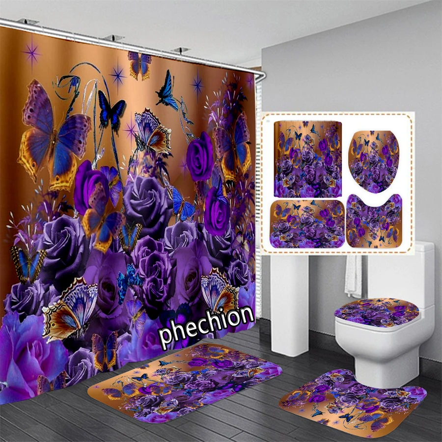 

Занавеска для душа с 3D-принтом, водонепроницаемая противоскользящая шторка для ванной комнаты, фиолетовый цветок, Бабочка, набор ковриков для туалета X17