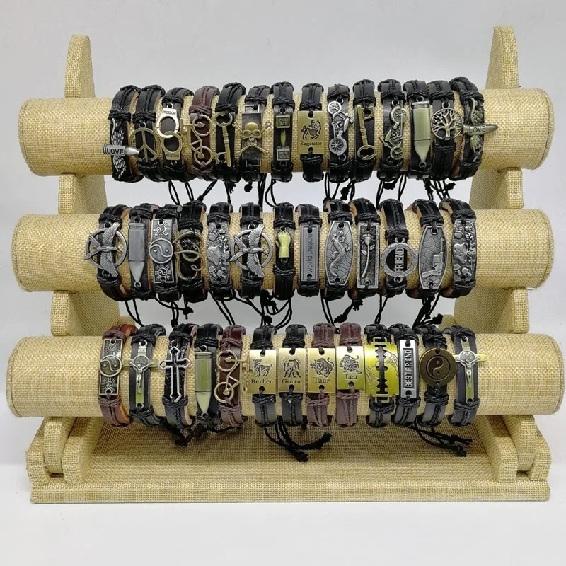 Vintage Cuff Bracelets Men and Women Leather Bangle Metal Handmade Retro Weave Mixed Charm Jewelry Gift 10pcs/Lot