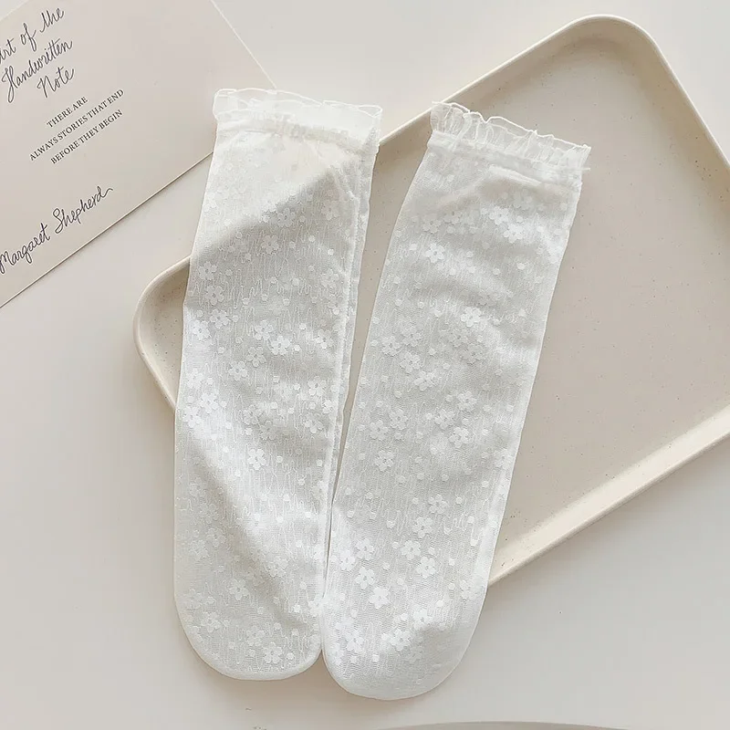 Girls Lace Sweet White France Kids Girl Sock Princess Embroidery Bow Floral Calf Sock for Children Summer Thin Mesh School Sock