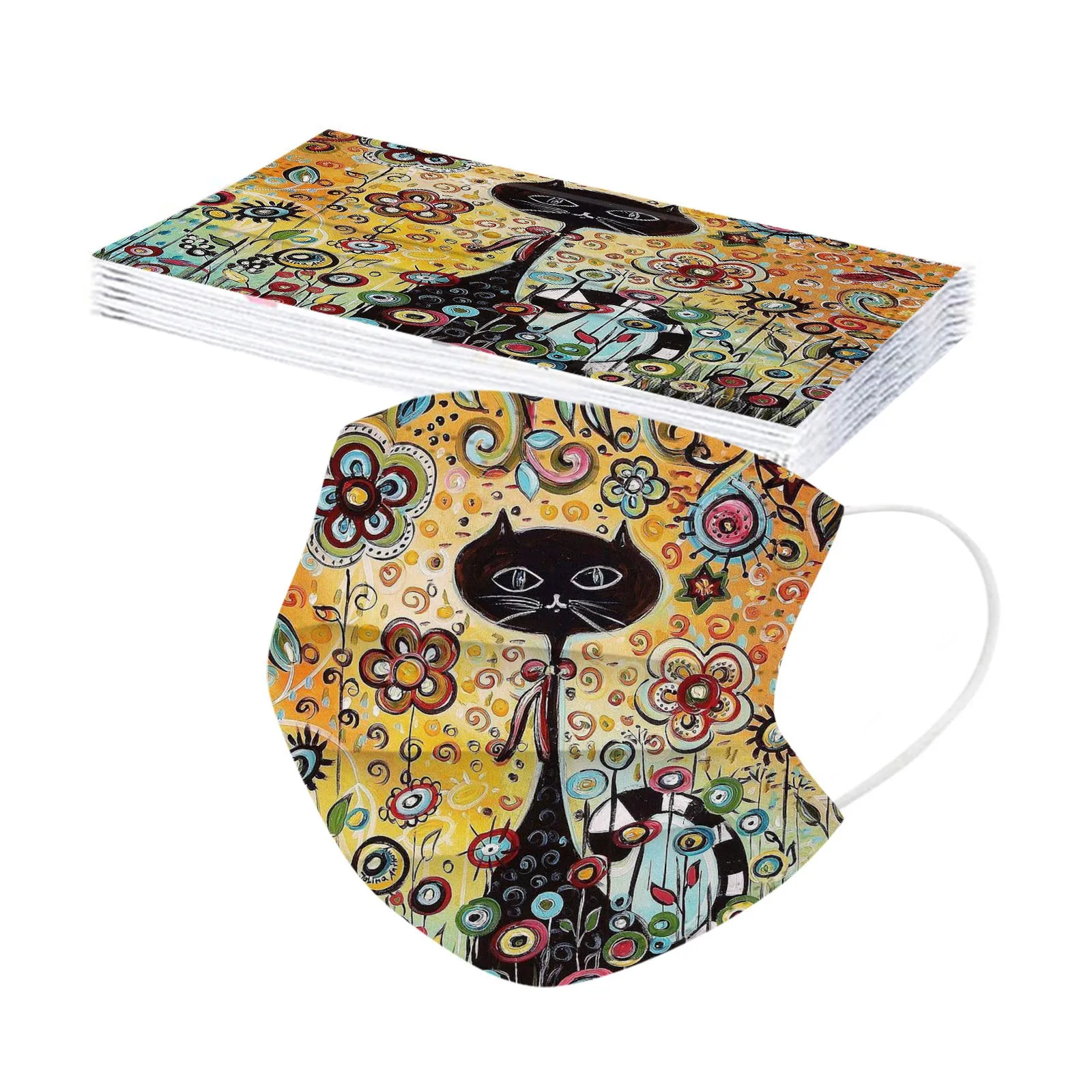 Disposable Face Mask 10PC Adult Flowers Cat Cartoons Printing Three-Layer Protective