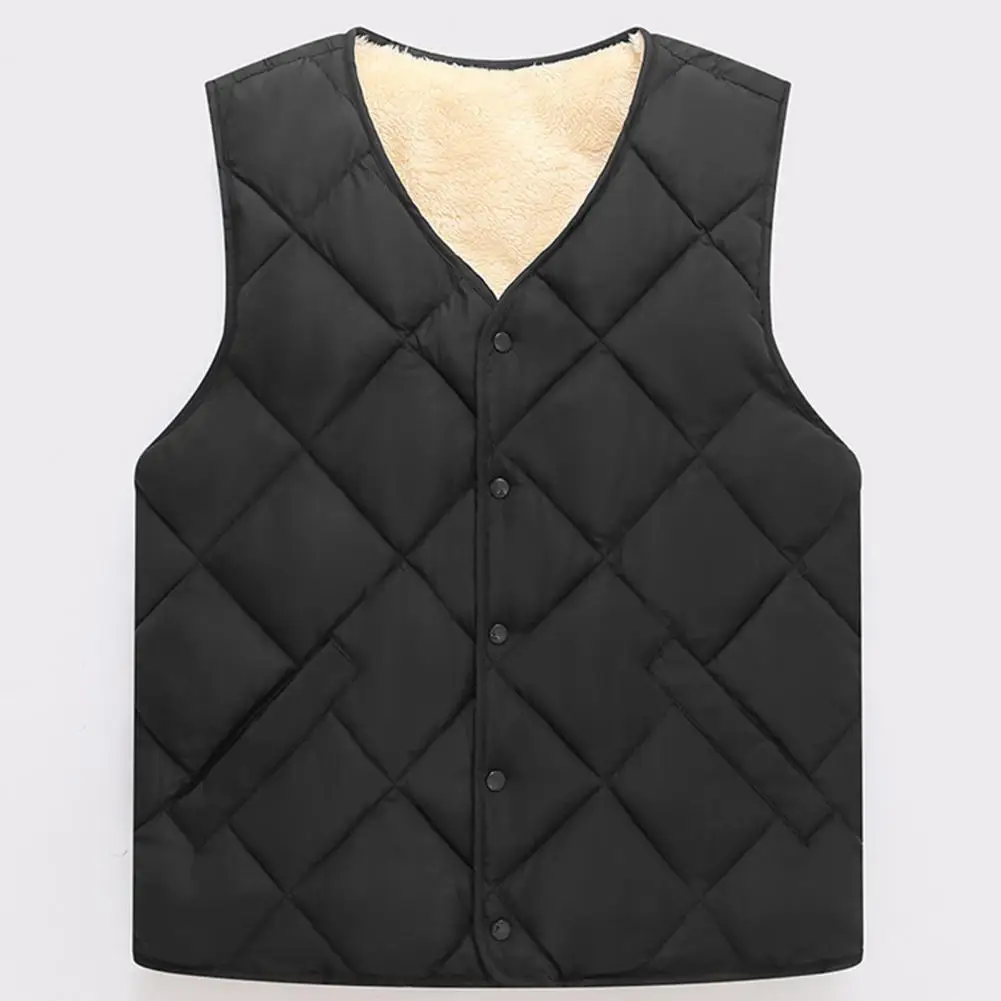 

Mid-aged Men Winter Vest Jacket V-neck Sleeveless Fleece Lining Waistcoat Solid Color Pockets Single Breasted Warm Vest Coat