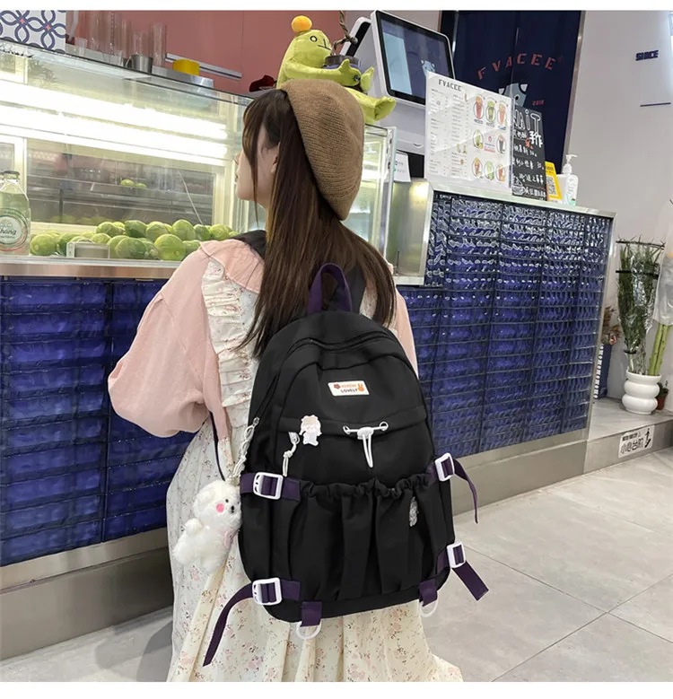 Spring Ladies Cute Backpack Large Elastic Pocket Student Schoolbag Female Fashion Kawaii Bagkpack Teenage Girls Laptop Backpacks