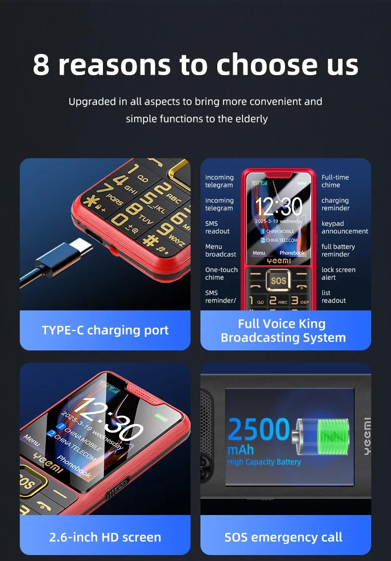 YEEMI K3 4G Long-lasting Battery Life Feature Phone 2.6 Inch Dual SlM 2500mAh Keypad Telephone Russia Keyboard for Elderly SOS