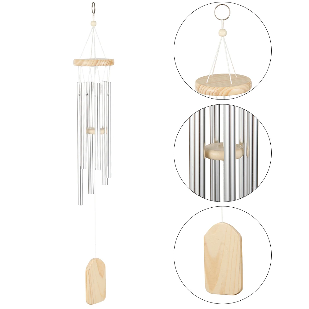 Silver 6 Tube Wind Chime Chapel Good Luck Bells Pendant Door Wall Hanging Ornament for Home Garden Outdoor Decorations