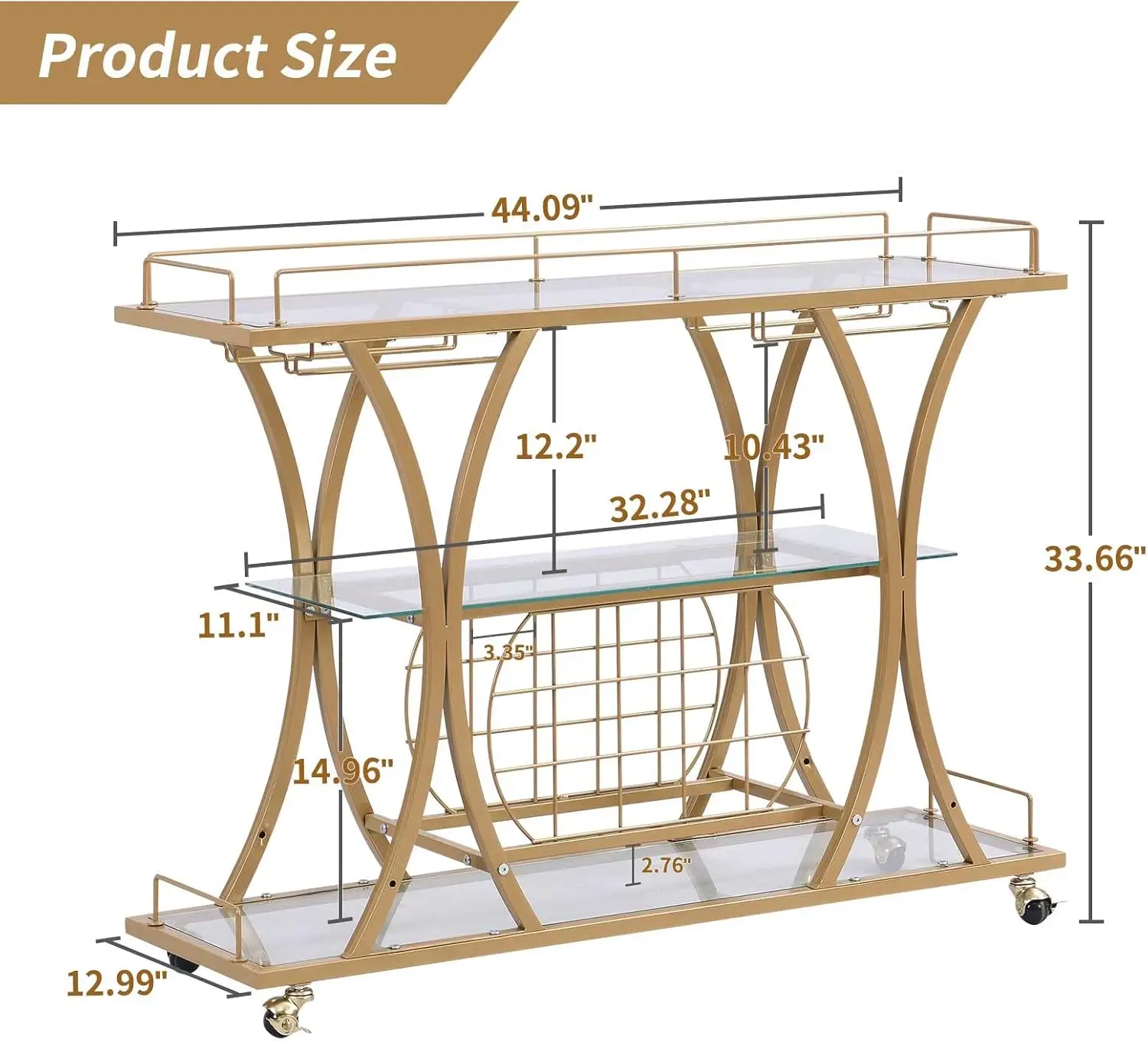 Bar Serving Cart w/ Glass Holder & Wine Rack, 3-Tier Kitchen Trolley Tempered Shelves Gold-Finished Metal Frame, Mobile for Home