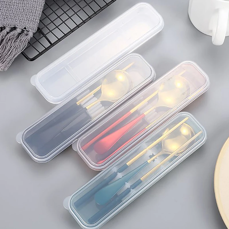 Travel Outdoor Reusable Tableware Box School Home Slot Design Practical Cutlery Transparent Cover Storage Box Tableware Storage Box