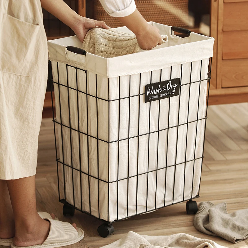 

Nordic Laundry Basket Dirty Cloth Metal Organizer Barrel Simple Clothing Toy Storage Basket Bathroom Wrought Iron with Lid