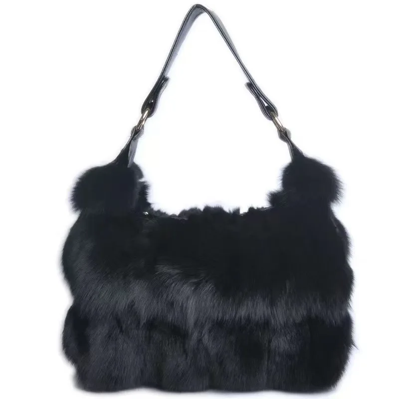 Genuine Fox Fur Women's Bag Large Capacity Soft Plush Tote Bag Versatile Handbag For Cross Portable Shopping Bag For Woman
