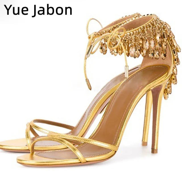 

Gold Silk Bling Diamond Tassel High Heels Summer Sandals Strappy Peep Toe Glittering Crystal Fringed Wedding Shoes Banquet Shoes