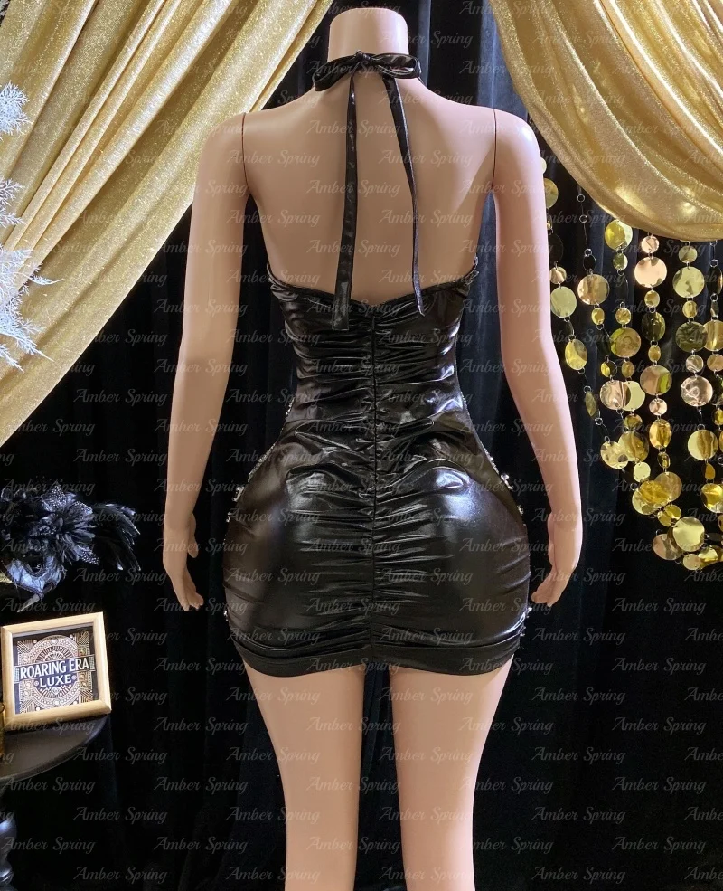 Little Black Cocktail Dress Rhinestone Short Birthday Gown Haute Crysta Halter Neck Leathers Back Prom Party