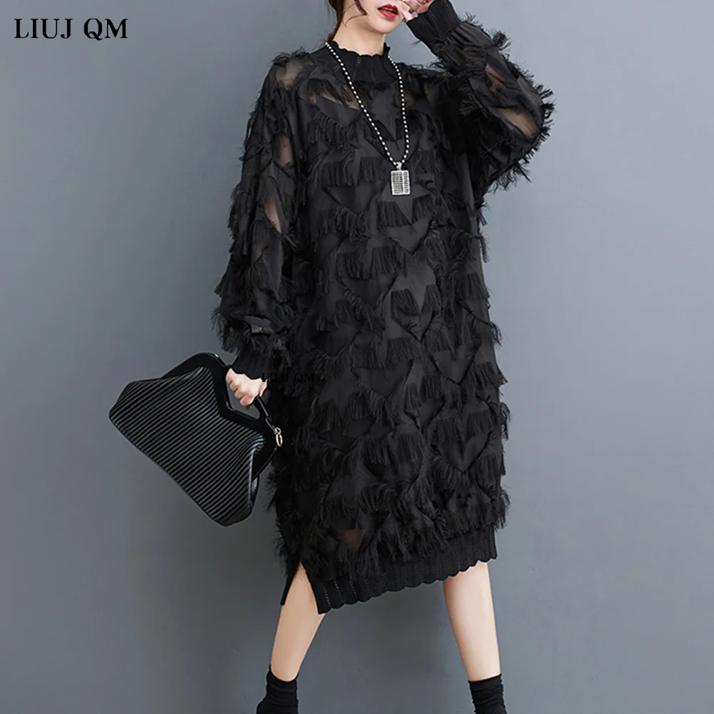 

Женское винтажное кружевное платье с длинным рукавом, черное Свободное длинное платье в стиле оверсайз, элегантная одежда, весна-лето 2024