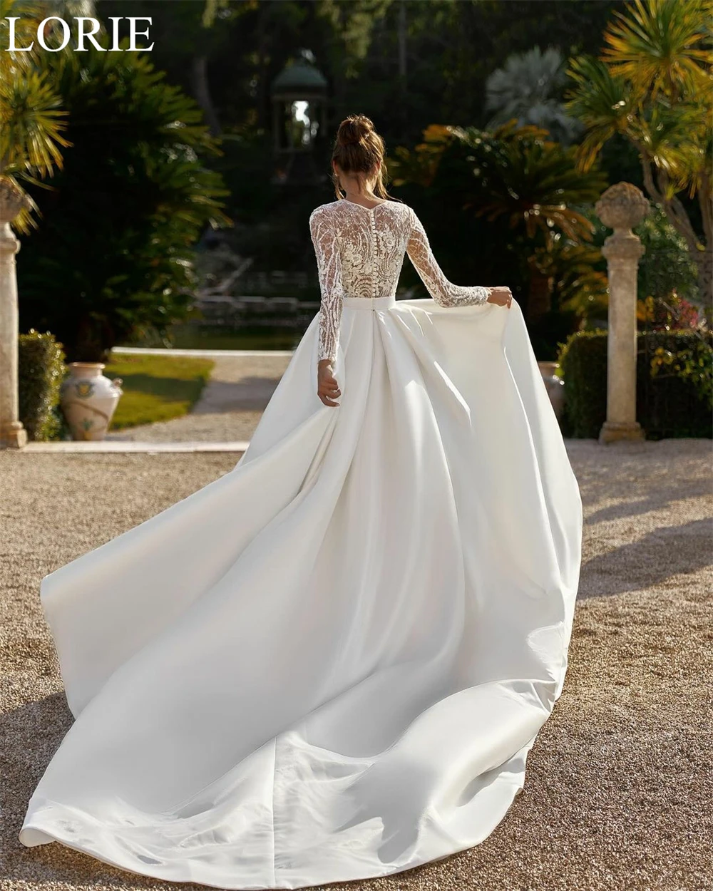 Satin Wedding Dresses O-Neck Lace Ball Gown Pleated Full Sleeves Bride Prom Gown Romantic Bridal Gowns Customized