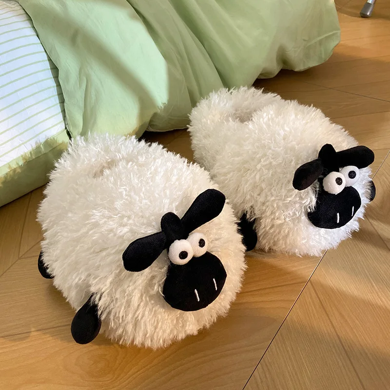 Fluffy White Sheep Fur Slides Winter Women Slipper Soft Heel Fur Warm Indoor Man Comfortable Home Furry Home Slippers