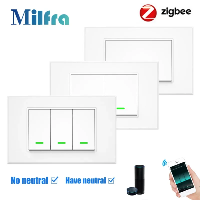 Смарт-переключатель Tuya Zigbee, кнопочный переключатель, нейтральный провод, опционально 2/3 клавиши, голосовое управление, работает с Alexa Google Home