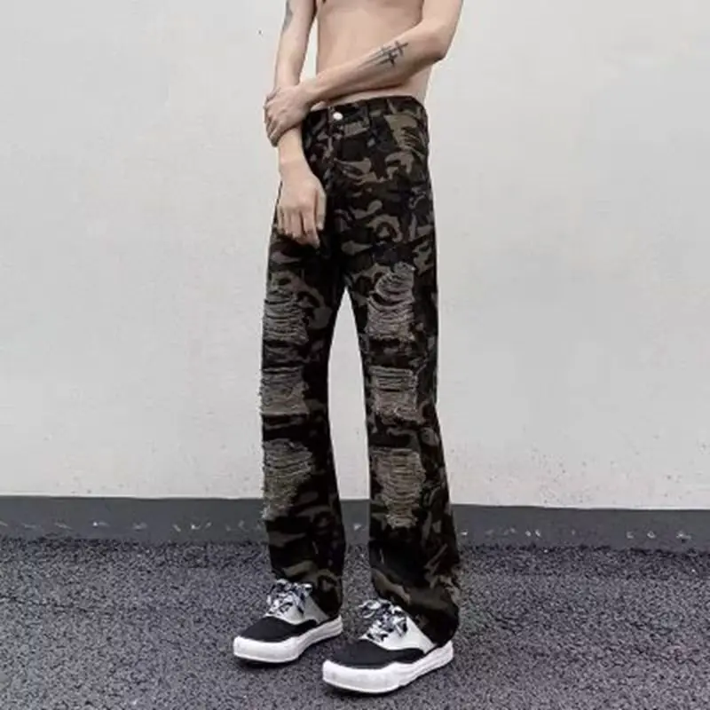 

Camouflage Hole Jeans Men Y2K Streetwear High Street Hiphop Straight Ripped Summer Punk Rock Pants Casual Denim Trousers Y2K