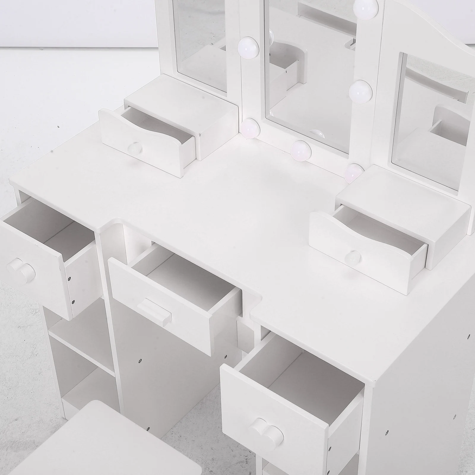 Schminktisch für Mädchen mit Spiegel, Licht, Hocker und Schublade, 2-in-1-Prinzessin-Make-up-Schreibtisch aus Holz, Schminktisch, Spielspielzeug zum Spielen – Detail 8