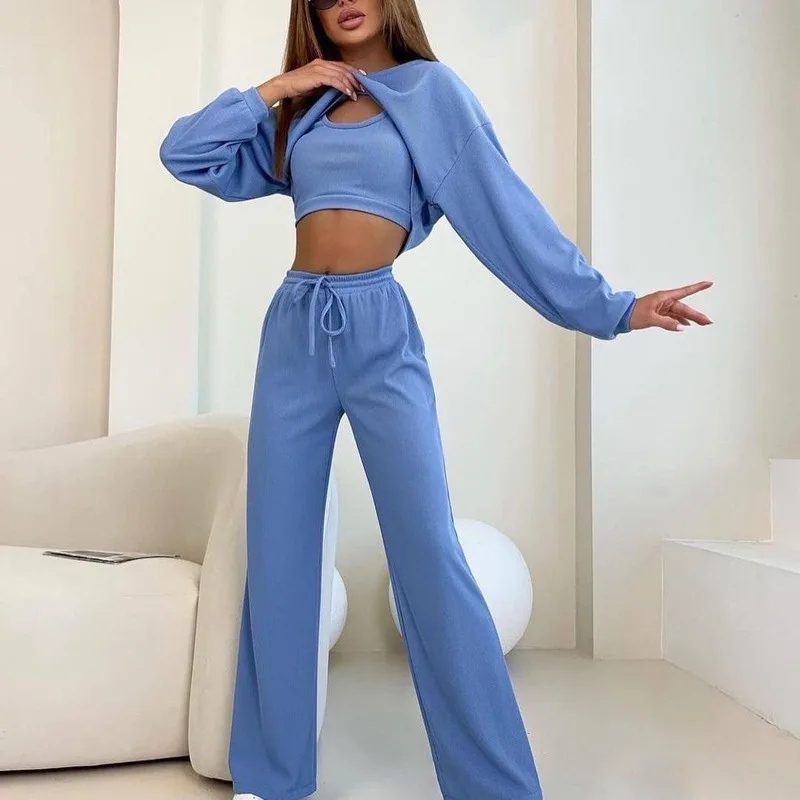 New Fashion Crew-neck Short Long-sleeved Short Top Trouser Suit Three-piece New Pure Color Lace-up Sexy Sport All-match Ladies