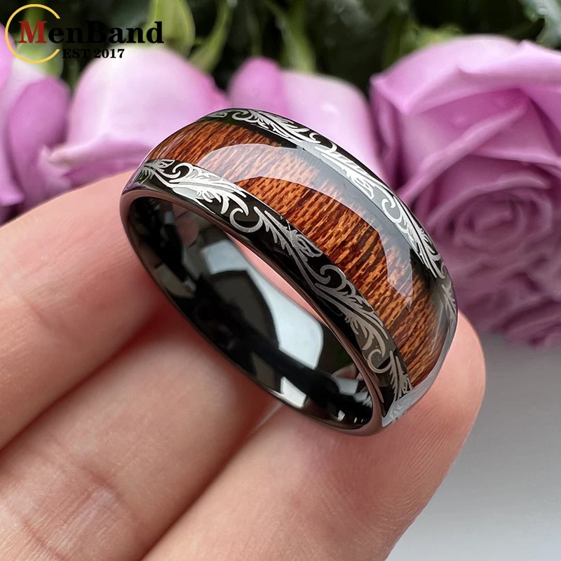 MenBand Vintage 8MM Leaf Veins Black Men Women Tungsten Carbide Wedding Band Ring Koa And Dark Red Wood Inlay Dome Comfort Fit 3