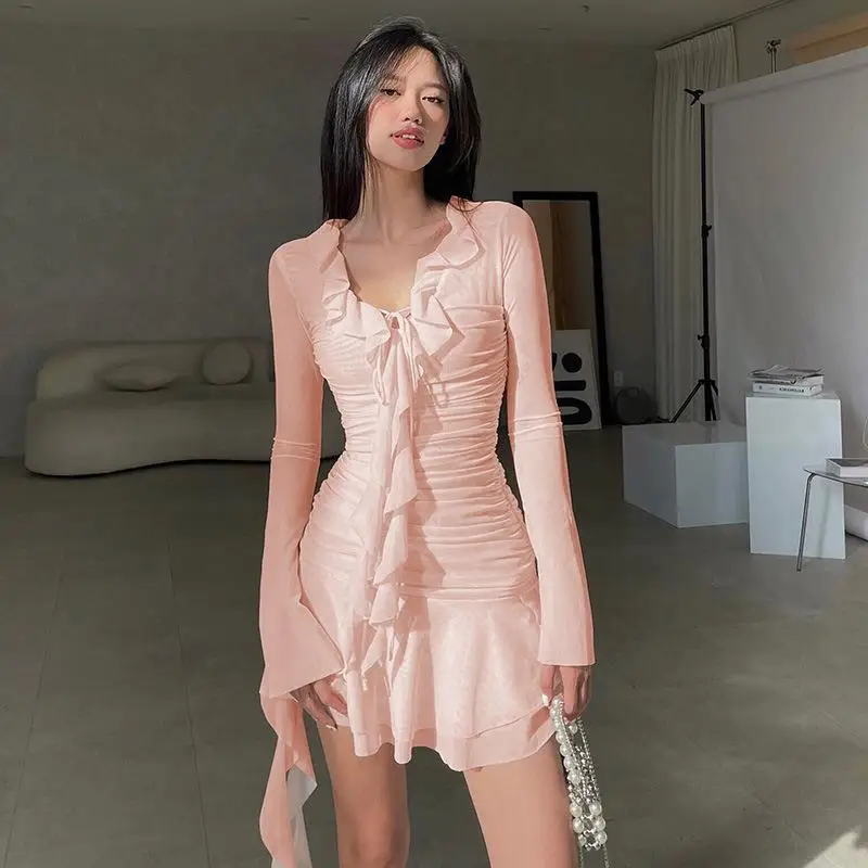 

CINESSD Chic Ribbon Mesh Pleated Women Dress 2024 Spring New French Style Sexy Slim Fit Long Sleeve Wrapped Hip Dresses WS459