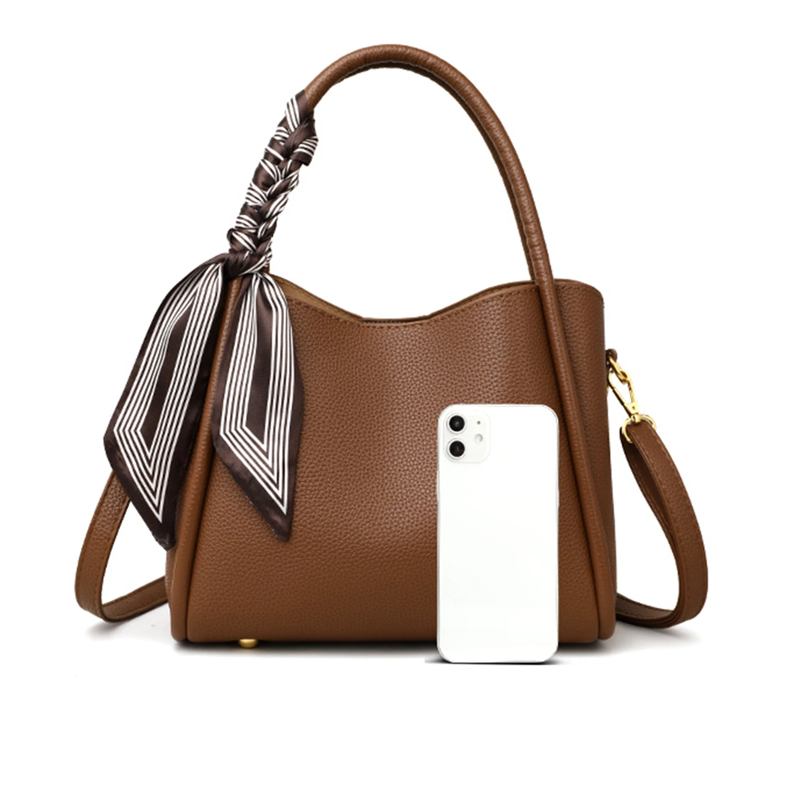 PU Ribbon Bucket Shoulder Bags Solid Color Purse Handbag Large Capacity Shoulder Bag for Woman Gifts