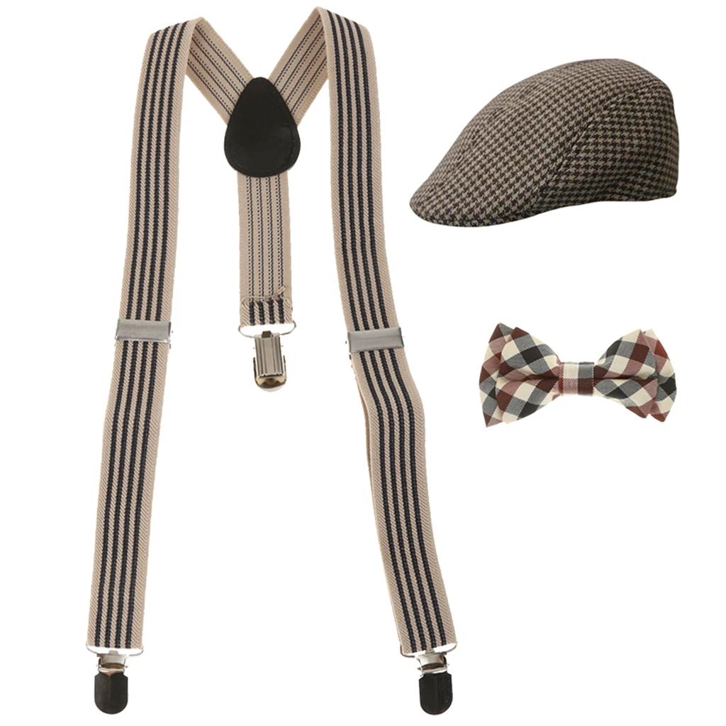 Fashion Kids Boys Stretchble Y-back Suspender Bowtie and Beret Cap Flat Hat Set