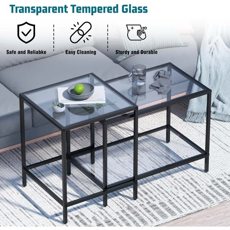 Nesting Coffee Table,Small Glass Coffee Table Set of 2, Modern Square Sofa Side Tea Table Black，Gold 3