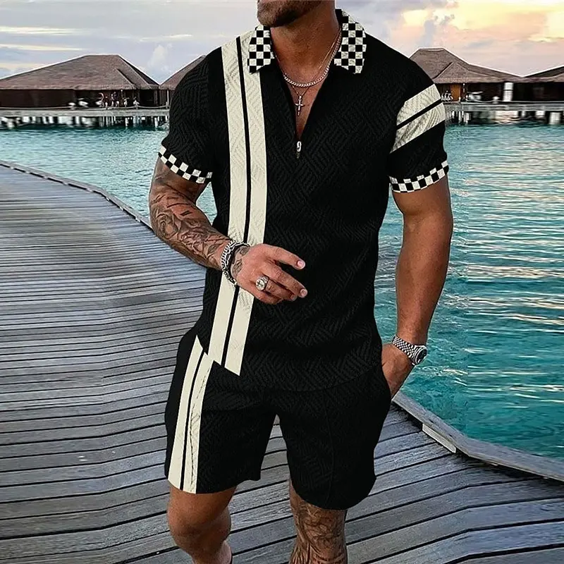 Men's Polo Shirt Golf Shirt+Shorts Summer Set Street Casual Short Sleeved Zipper Printed Clothing Fashion Designer Breathable