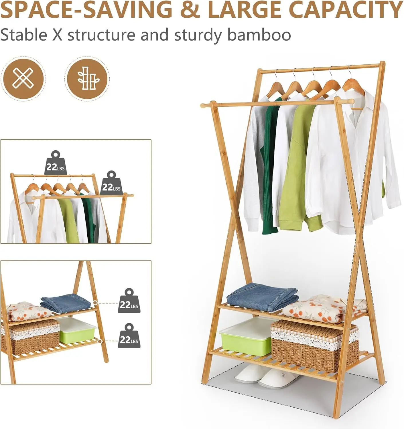 Bamboo Clothing Rack Double Rod Garment Rack with 2 Tier Storage Shelf Closet Organizer for Guest Room, Laundry Room, Apartment, 6