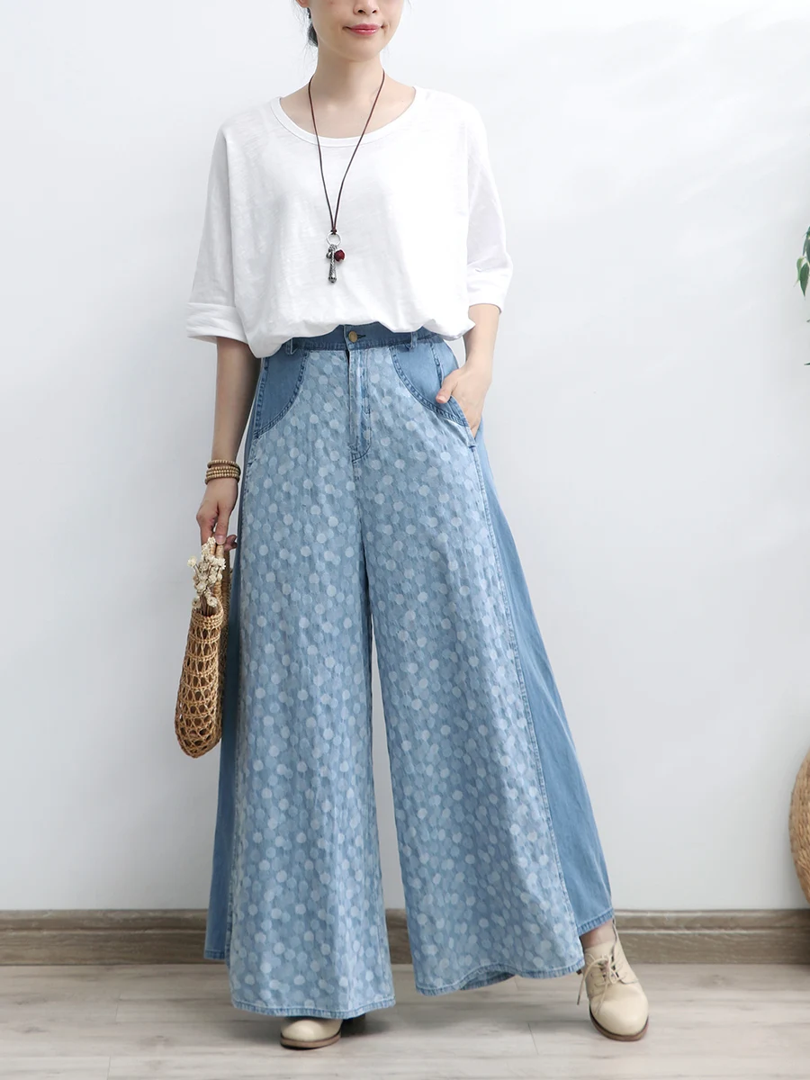 TIYIHAILEY Free Shipping Wide Leg Long Pants For Women Trousers Denim Jeans Elastic Waist Casual Pants With Pockets Print