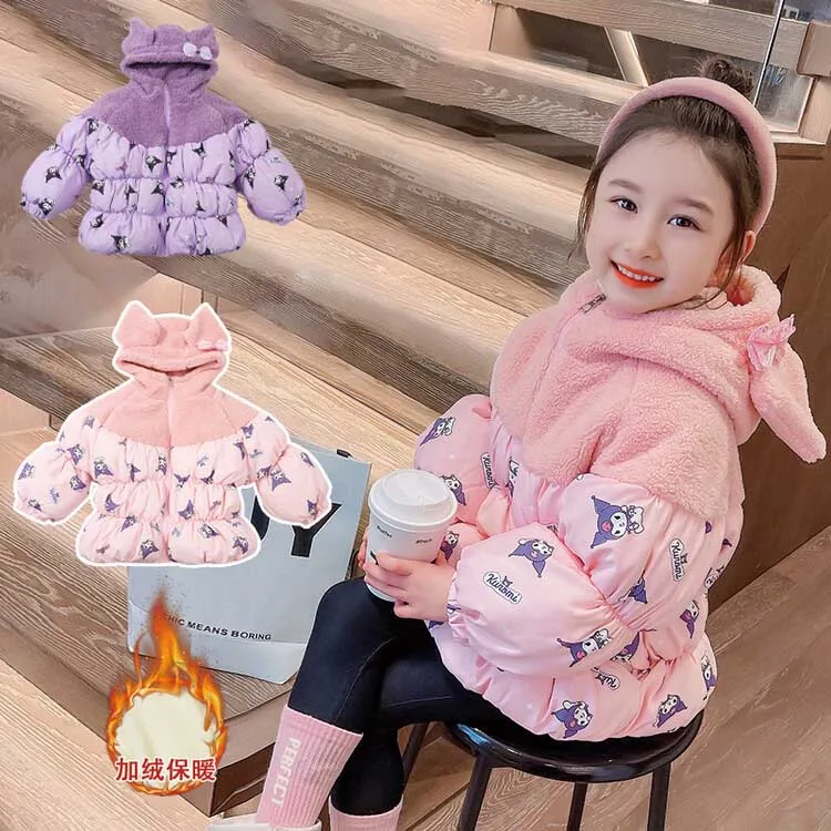 

Sanrioed Girls Kuromi Thickened Cotton Coat Winter New Korean Version Warm Cartoon Hooded Cotton Coat Kids Clothes 3-8 Years Old