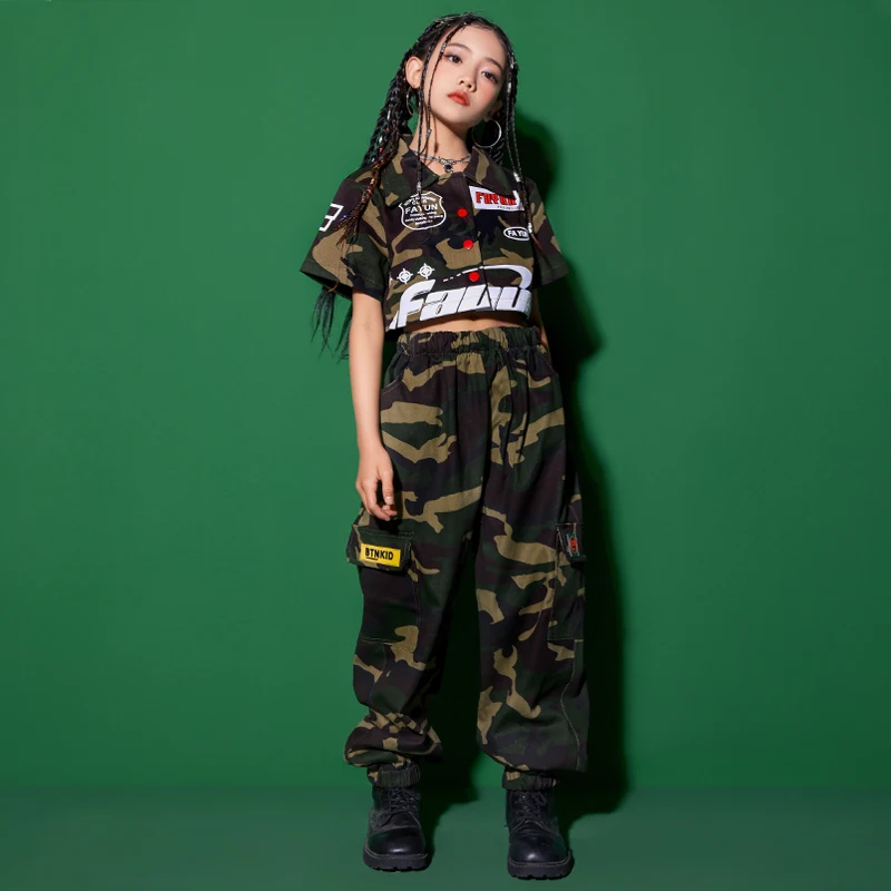 

Kids Concert Street Dancing Clothing Crop Tshirt Tops Camo Cargo Hip Hop Pants For Girl Jazz Dance Costume Teen Showing Clothes