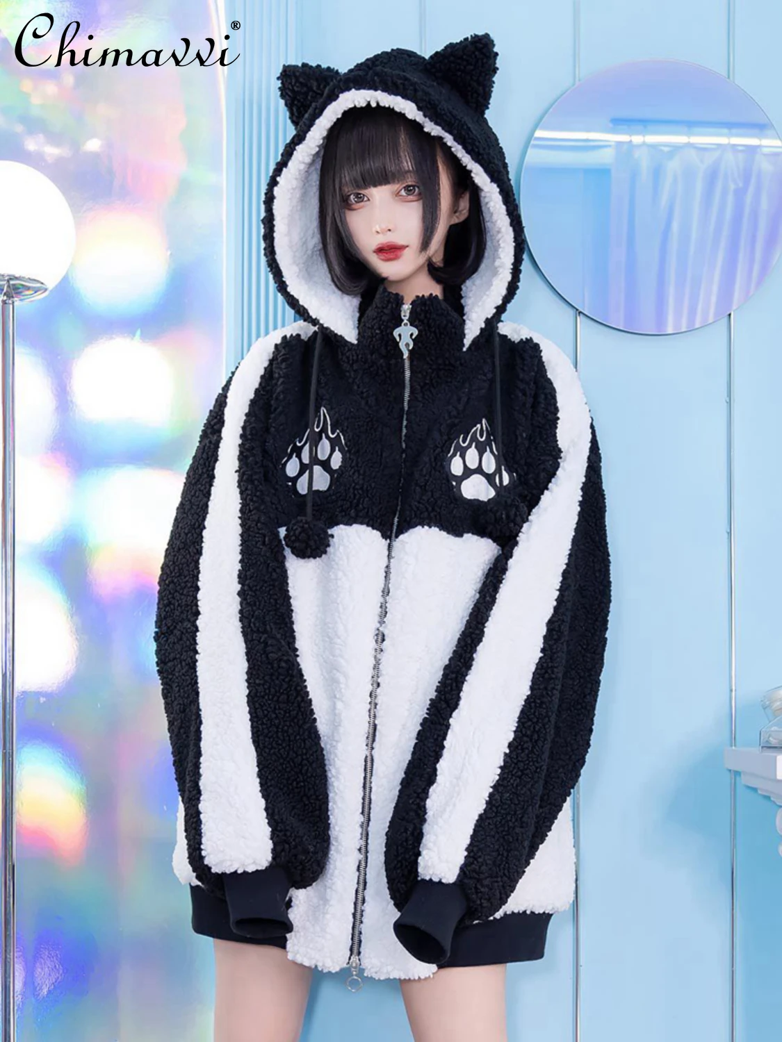 

Модная теплая куртка с капюшоном из искусственного кашемира с нашивками и кошачьими ушками Новинка Зима 2024 свободное повседневное женское пальто с хлопковой подкладкой и длинным рукавом