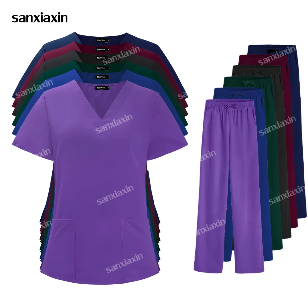 

Surgical Uniform Woman Scrub Set Medical Nurse Uniform Doctor Nursing Suit Beauty Spa Workwear Clinical Scrub Top+Straight Pants