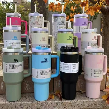 Stanley 핸들 뚜껑이 있는 Quencher H2.0 텀블러, 스테인레스 스틸, 커피 테모스 컵, 자동차 머그잔, 진공 컵, 야외 스포츠, 40oz, 1.18L