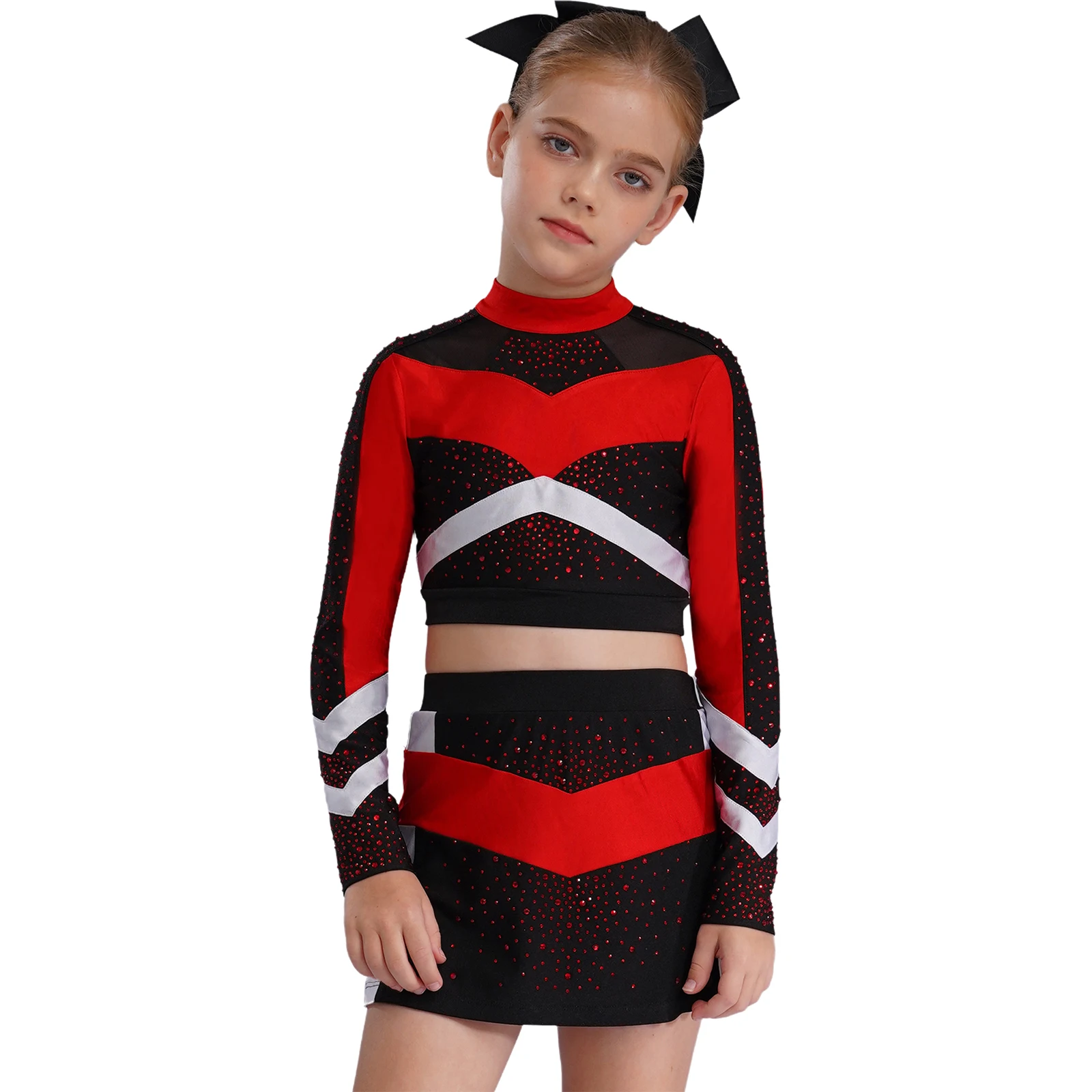 Cheerleader-Kostüm für Mädchen, Schul-Cheerleading-Outfit, Stehkragen, lange Ärmel, glänzende Strass-Crop-Tops mit seitlich geschlitztem Rock – Detail 20