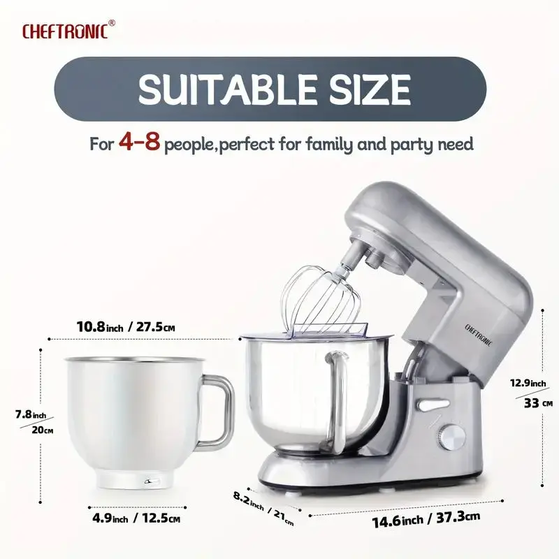 Cheftronic 6 Speed Stand Mixer with 7 Quart Stainless Steel Mixing Bowl,Dough hook, Egg whisk, Kitchen mixer with US Plug 3