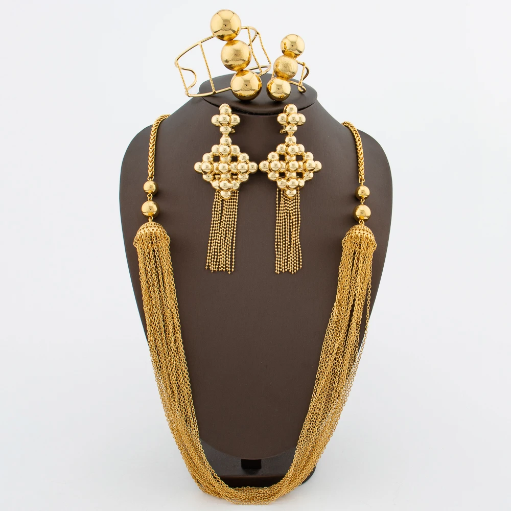 

Dubai Gold Color Jewelry Set for Women Long Chain Necklace and Drop Earrings Weddings Bridal Dangle Earrings Ethiopian Jewellery