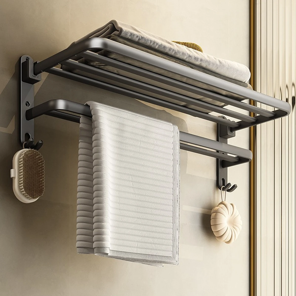 Bathroom Lavatory Towel Rack with Double Towel Bars & with HOOKS 19-inch Shelf Bar Towel Holder (Black、Gray) towel rack towel holder