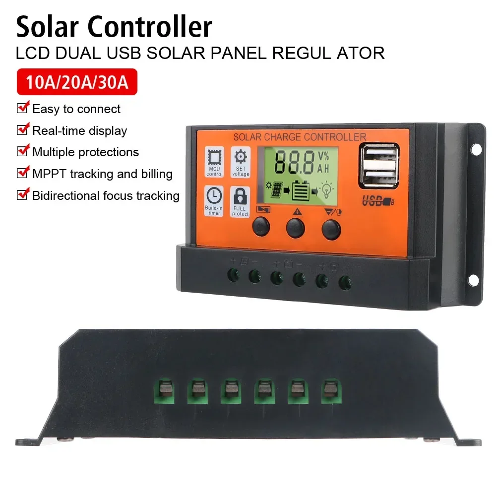 Solar Controller LCD Accessories 10A, 10A 20A 30A 12V 24V Automatic Identification Photovoltaic Regulator Color Screen Timer