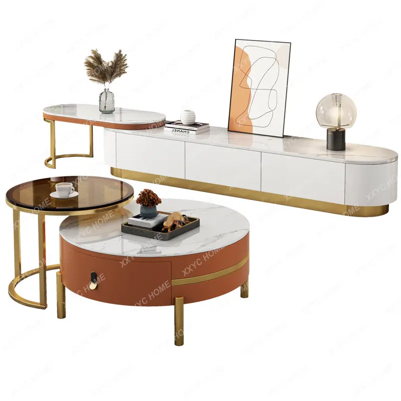 

Stone Plate Coffee Table TV Cabinet Combination Simple Modern Orange round Tea Table Living Room Retractable Floor Cabinet