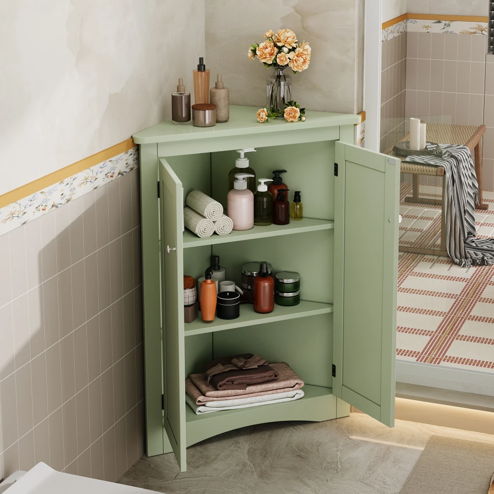 61,5 x 90 cm moderner Eckschrank für Badezimmer – freistehender 2-türiger dreieckiger Schrank mit 3 Ebenen, platzsparend für Badezimmer – Detail 17