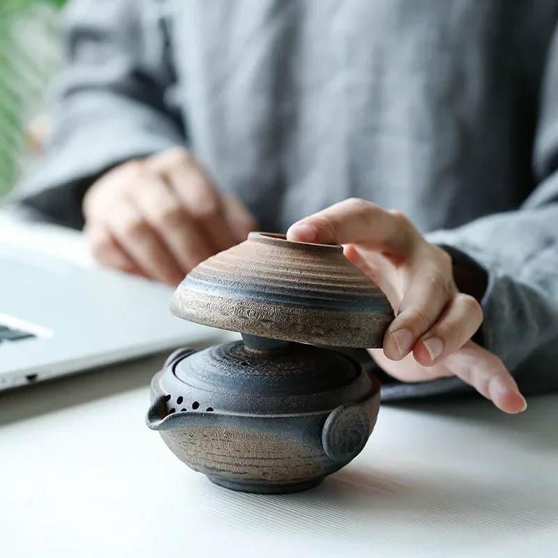 Tea Set Japanese Style Stoneware Quik Cup A Pot of A Cup Retro Wood Tureen 1 People Office Outdoor Travel