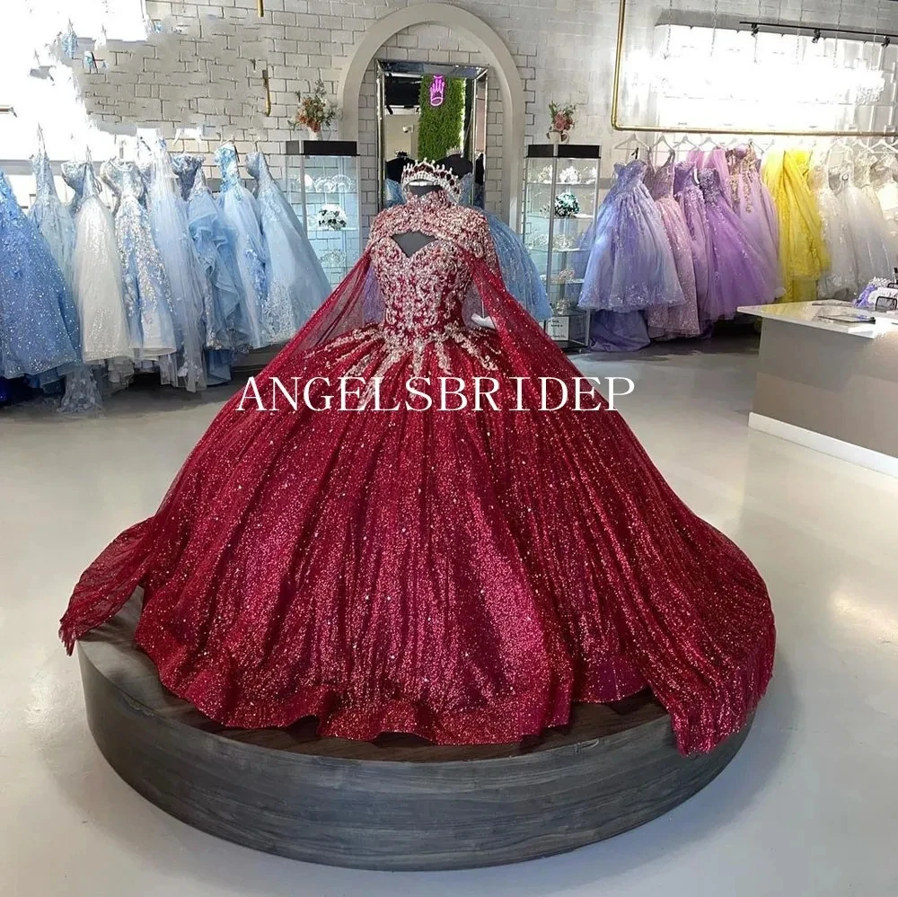 

Angelsbridep Burgundy Quinceanera Dresses With Cape Ball Gown Applique Glitter Tulle Birthday Party Princess Sweet 16 Dress